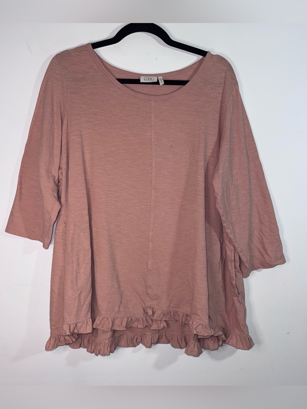 LOGO Lori Goldstein XL Dusty Pink Ruffle Hem Tunic Top Pockets Cotton